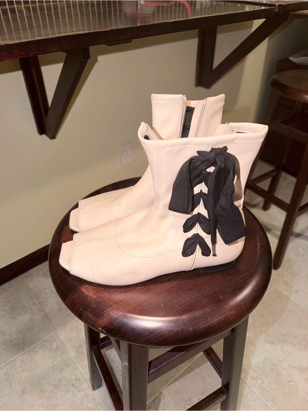 Emporio Armani Women's Cream Peep-Toe Ankle Boots Black Bow Flats EU 36